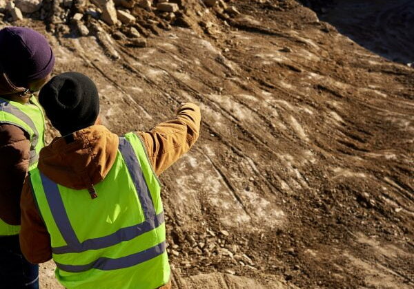 Miners in Quarry Back view portrait of two industrial workers wearing reflective jackets, one of them African, standing on cliff overlooking mineral mines on worksite, copy space